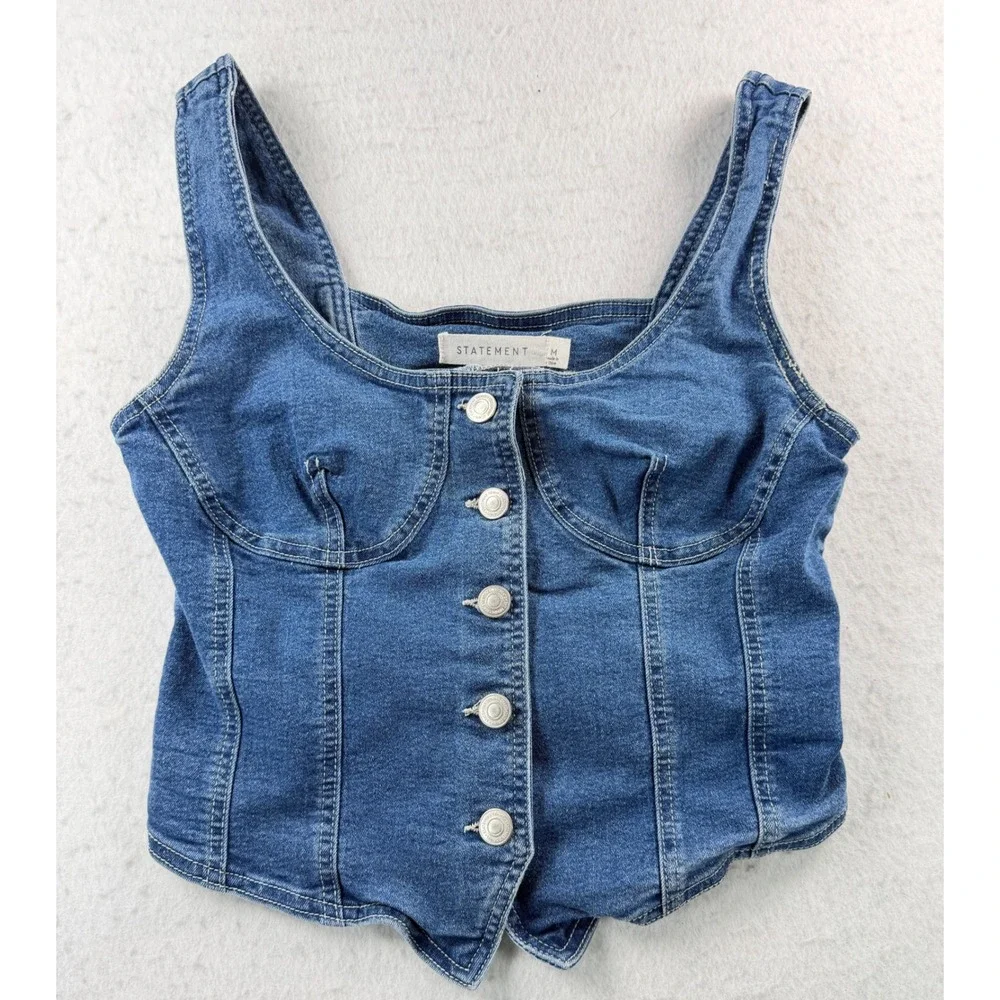 Statement Denim Button Front Corset Bustier Crop Top Medium Wash Medium